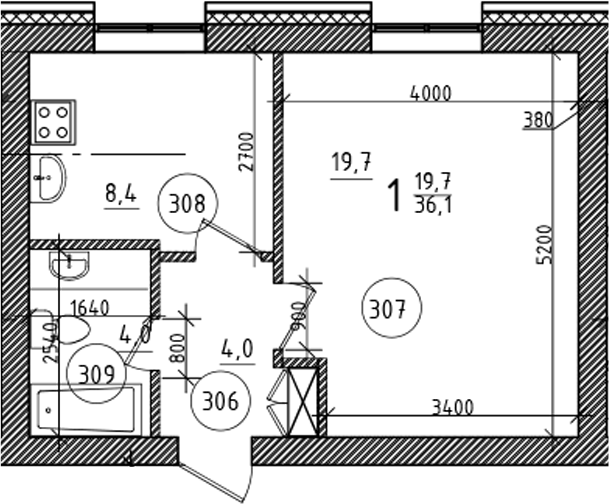 Планировка 1-к.кв 36.10 м² в ЖК «На Макарова»
