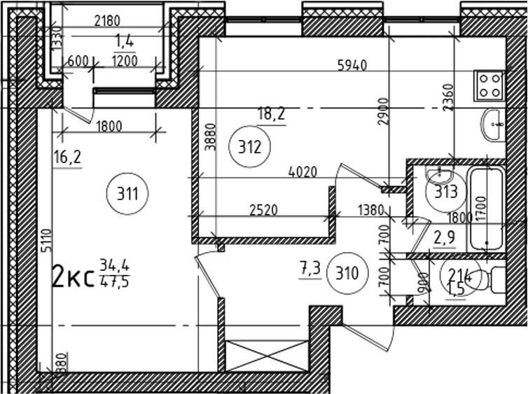 Планировка 2е-к.кв 46.00 м² в ЖК «На Макарова»