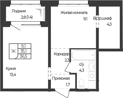 Планировка 1-к.кв 35.10 м² в ЖК «Чуйские кварталы. Майма»