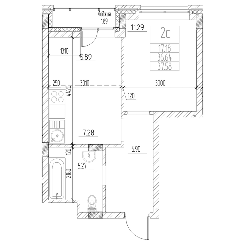 Планировка 2е-к.кв 36.63 м² в ЖК «Чернышевский»