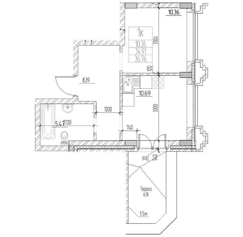Планировка 1-к.кв 34.91 м² в ЖК «Чернышевский»