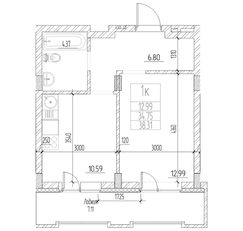 Планировка 1-к.кв 34.75 м² в ЖК «Чернышевский»