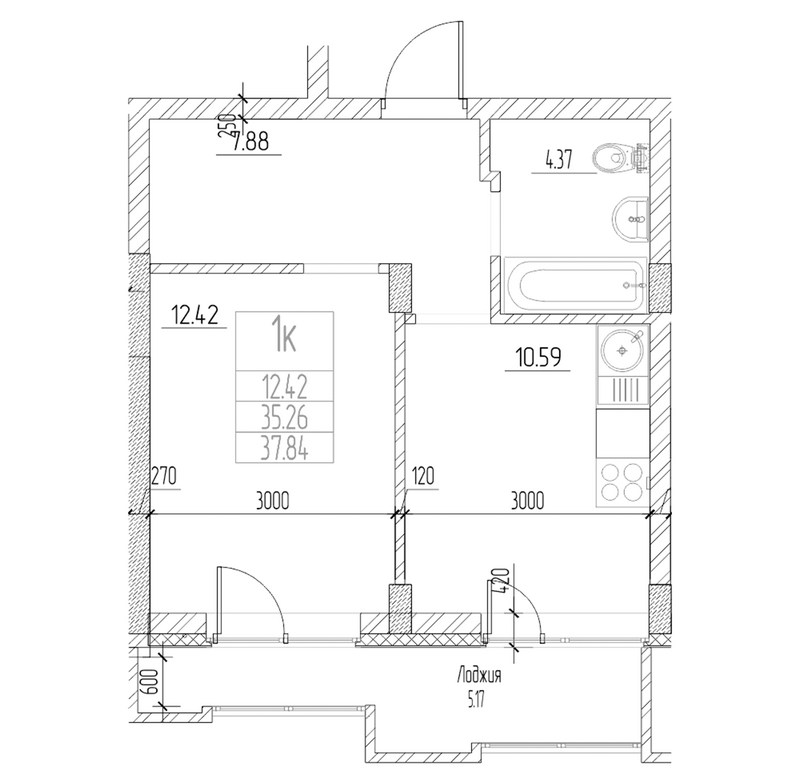 Планировка 1-к.кв 35.25 м² в ЖК «Чернышевский»