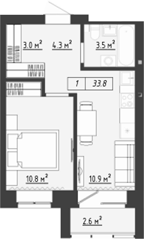 Планировка 2е-к. квартира 32.50 м² в ЖК «Загорские кварталы. Загорский»