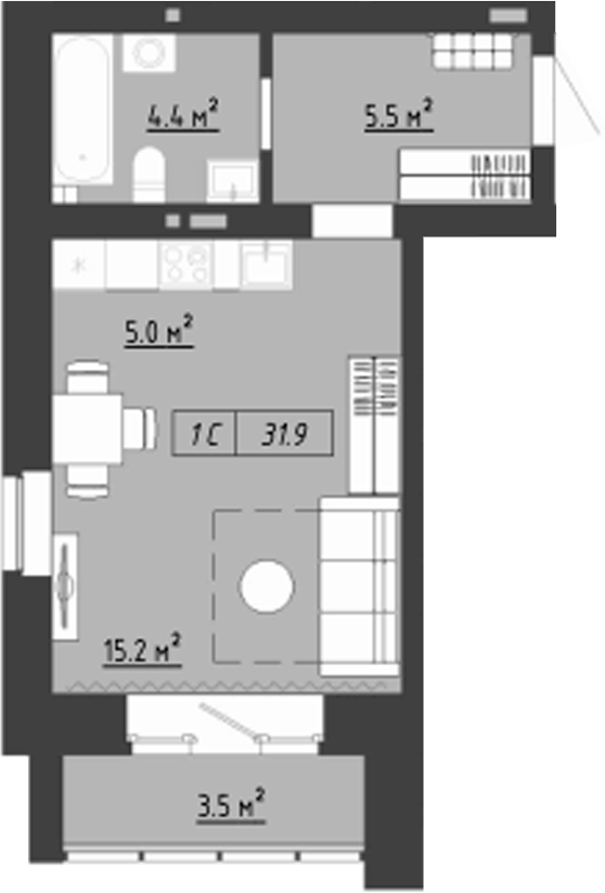 Планировка студии 30.15 м² в ЖК «Загорские кварталы. Загорский»