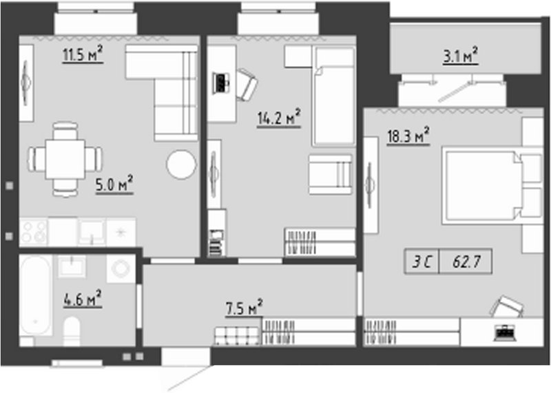 Планировка 3е-к. квартира 61.15 м² в ЖК «Загорские кварталы. Загорский»