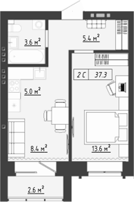 Планировка 2е-к.кв 36.00 м² в ЖК «Загорские кварталы. Загорский»