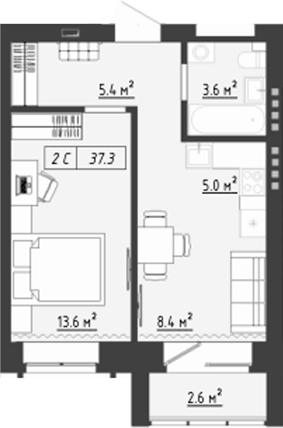 Планировка 2е-к. квартира 36.00 м² в ЖК «Загорские кварталы. Загорский»