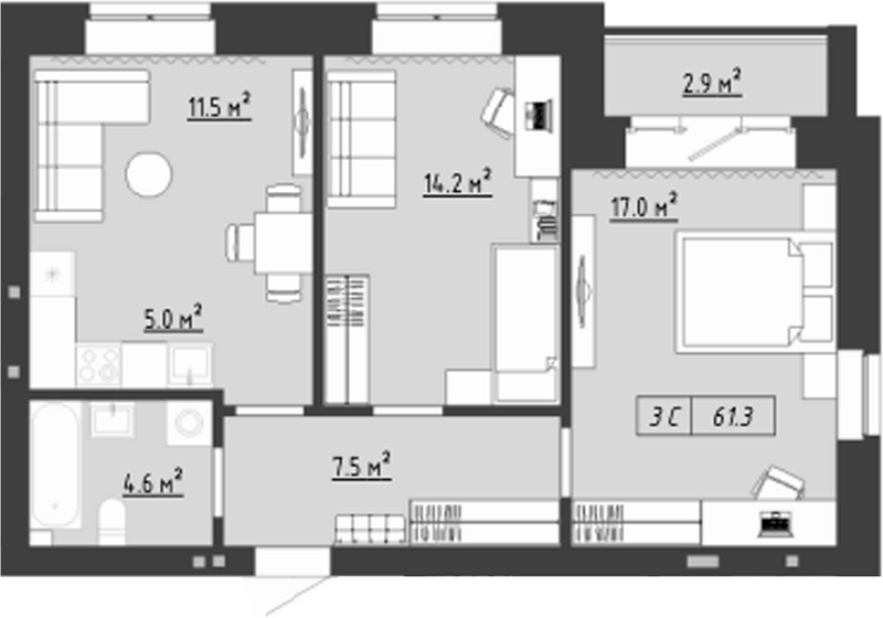 Планировка 3е-к. квартира 59.85 м² в ЖК «Загорские кварталы. Загорский»