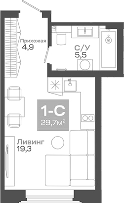 Планировка студии 29.72 м² в ЖК «Пульсар»