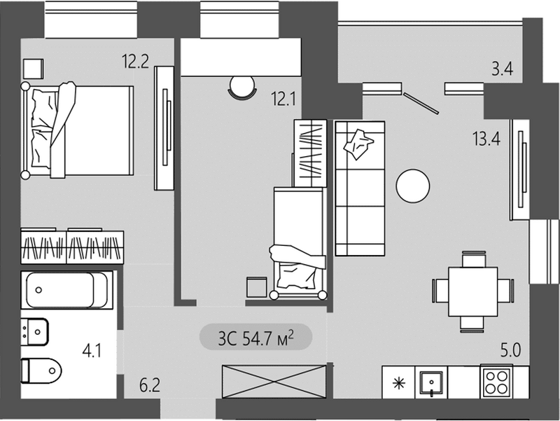 Планировка 3е-к. квартира 53.00 м² в ЖК «Загорские кварталы. Загорский»