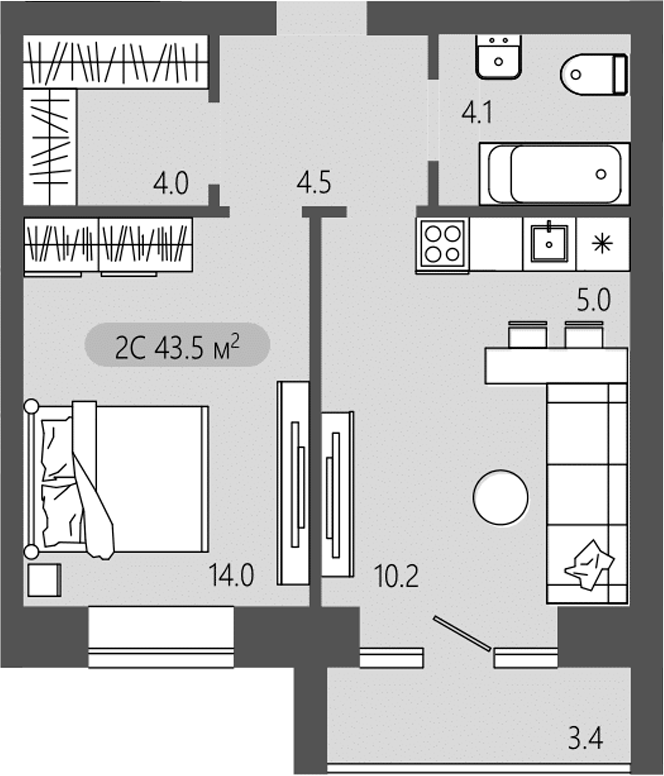 Планировка 2е-к. квартира 41.80 м² в ЖК «Загорские кварталы. Загорский»