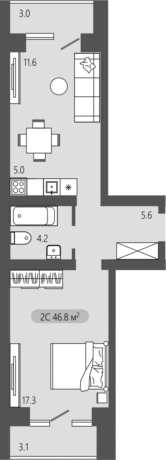 Планировка 2е-к. квартира 43.75 м² в ЖК «Загорские кварталы. Загорский»