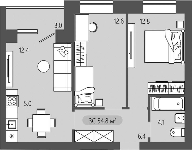 Планировка 3е-к. квартира 53.30 м² в ЖК «Загорские кварталы. Загорский»