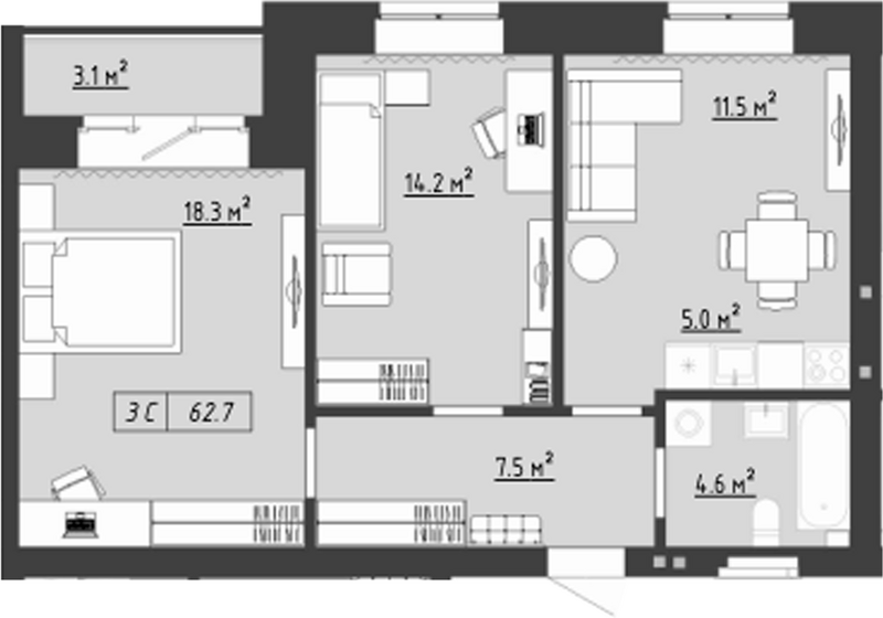 Планировка 3е-к. квартира 61.15 м² в ЖК «Загорские кварталы. Загорский»