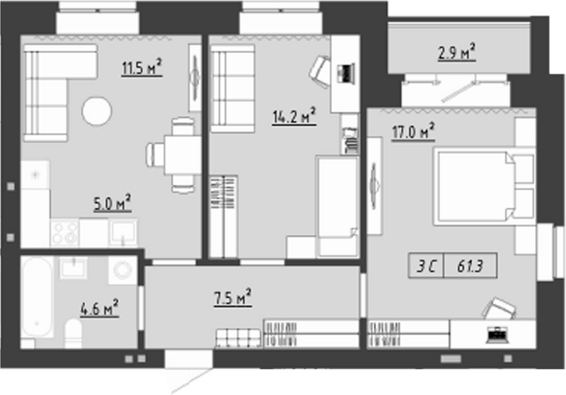 Планировка 3е-к. квартира 59.85 м² в ЖК «Загорские кварталы. Загорский»