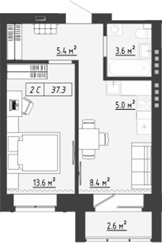 Планировка 2е-к. квартира 36.00 м² в ЖК «Загорские кварталы. Загорский»