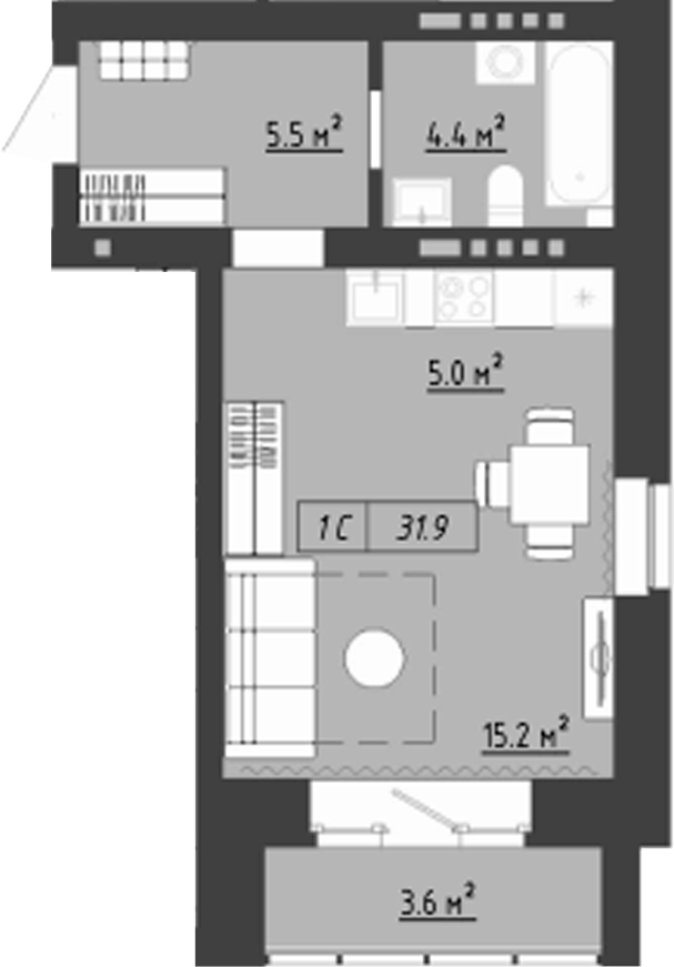 Планировка студии 30.15 м² в ЖК «Загорские кварталы. Загорский»