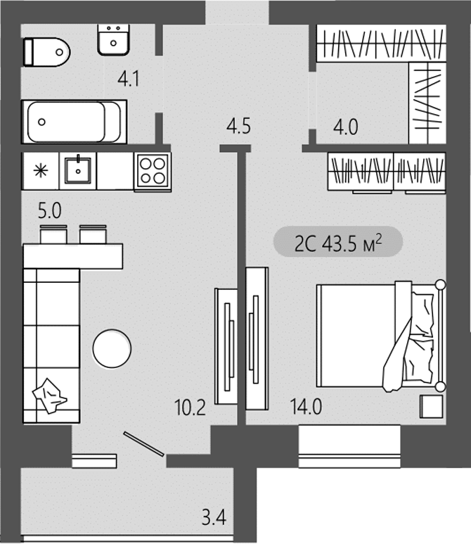 Планировка 2е-к. квартира 41.80 м² в ЖК «Загорские кварталы. Загорский»