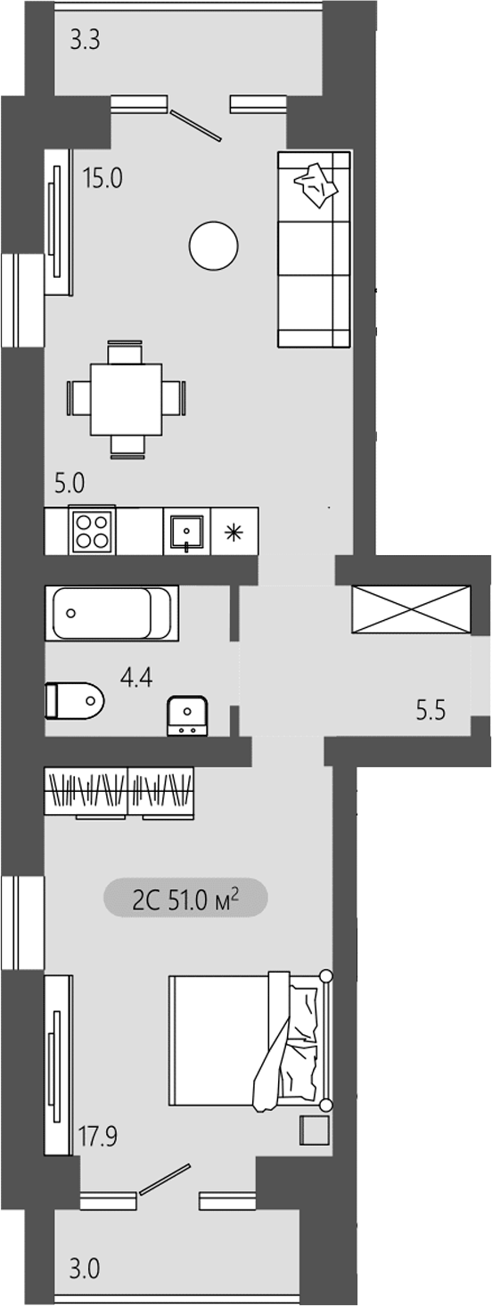 Планировка 2е-к. квартира 47.85 м² в ЖК «Загорские кварталы. Загорский»