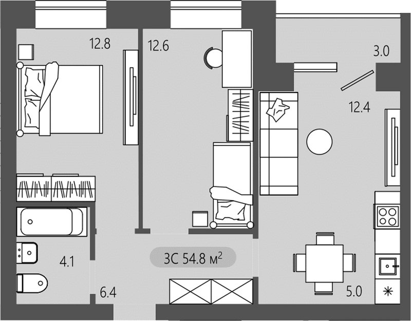 Планировка 3е-к. квартира 53.30 м² в ЖК «Загорские кварталы. Загорский»