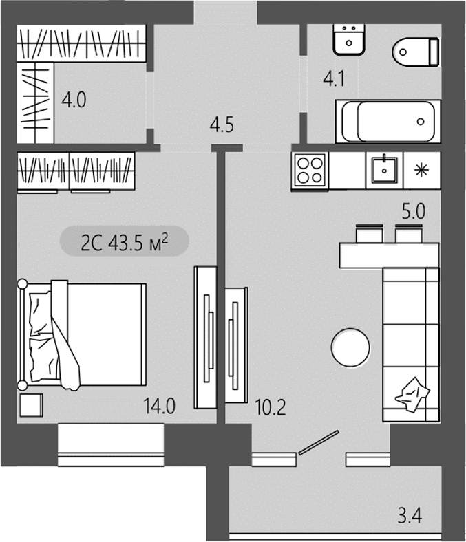 Планировка 2е-к. квартира 41.80 м² в ЖК «Загорские кварталы. Загорский»