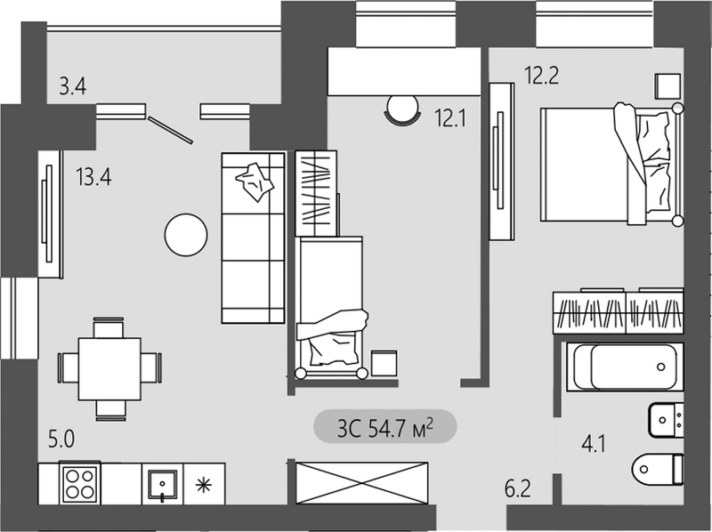 Планировка 3е-к. квартира 53.00 м² в ЖК «Загорские кварталы. Загорский»