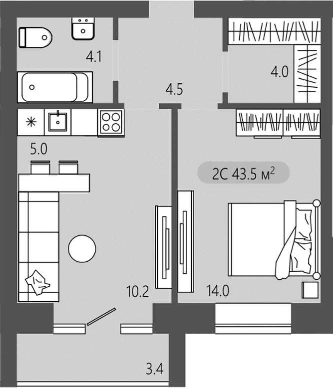 Планировка 2е-к. квартира 41.80 м² в ЖК «Загорские кварталы. Загорский»