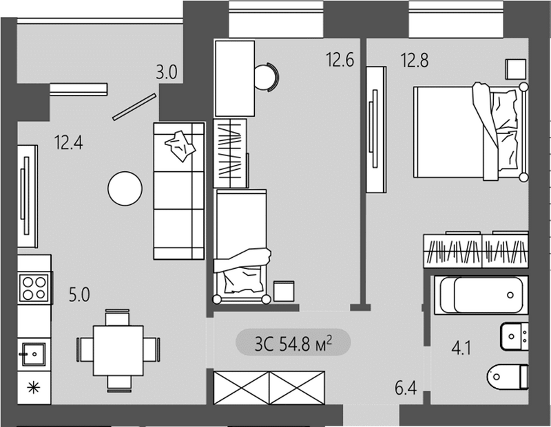 Планировка 3е-к. квартира 53.30 м² в ЖК «Загорские кварталы. Загорский»