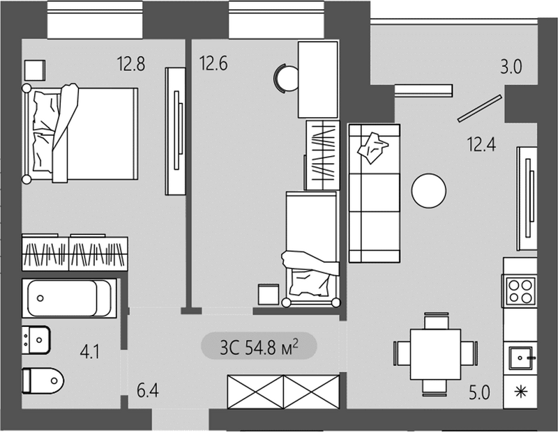 Планировка 3е-к. квартира 53.30 м² в ЖК «Загорские кварталы. Загорский»