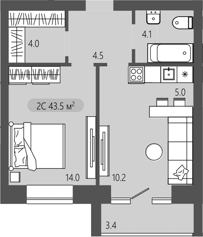 Планировка 2е-к. квартира 41.80 м² в ЖК «Загорские кварталы. Загорский»