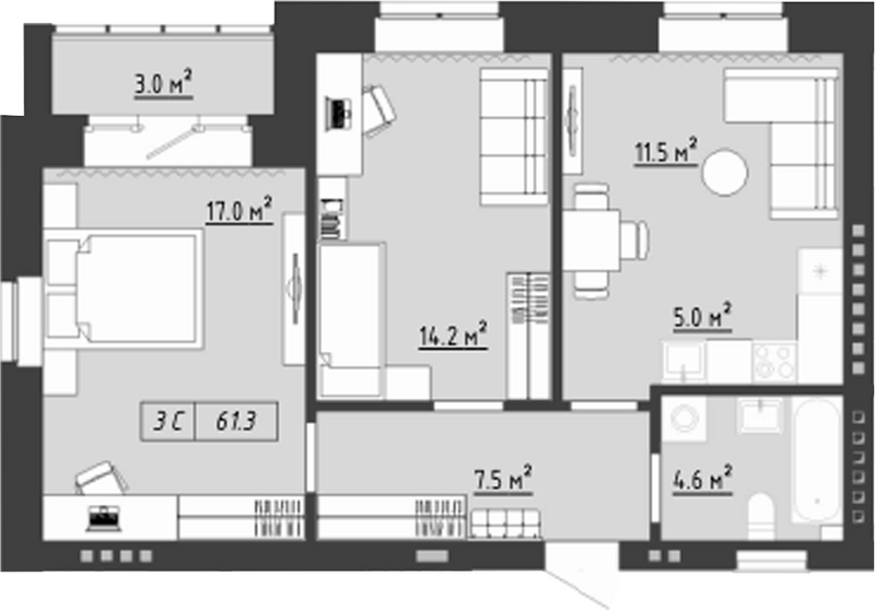 Планировка 3е-к. квартира 59.80 м² в ЖК «Загорские кварталы. Загорский»
