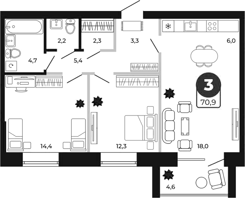 Планировка 3е-к.кв 68.60 м² в ЖК «Атмосфера»