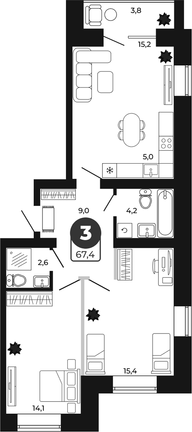 Планировка 3е-к.кв 65.50 м² в ЖК «Атмосфера»