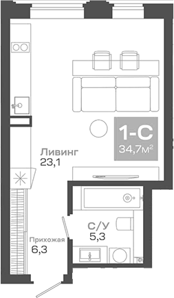 Планировка студии 34.72 м² в ЖК «Пульсар»