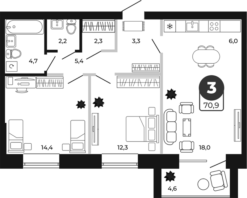 Планировка 3е-к.кв 68.60 м² в ЖК «Атмосфера»