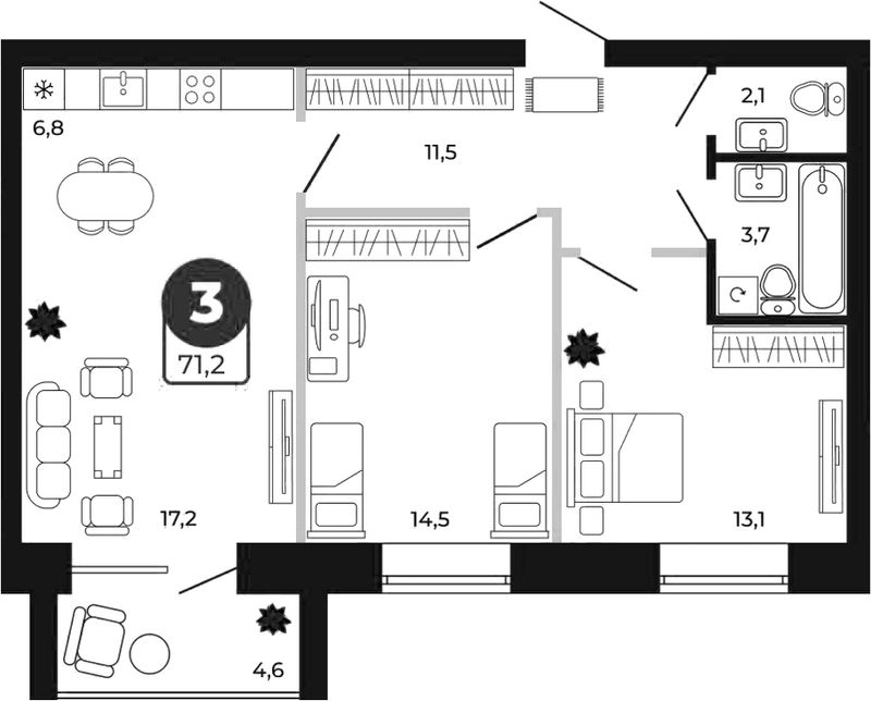 Планировка 3е-к.кв 68.90 м² в ЖК «Атмосфера»