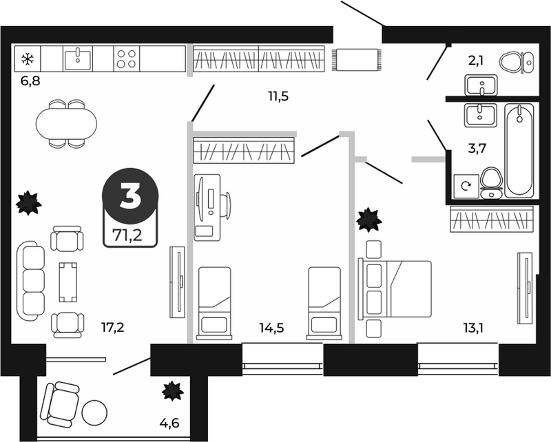 Планировка 3е-к.кв 68.90 м² в ЖК «Атмосфера»