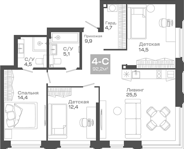 Планировка 4е-к.кв 92.18 м² в ЖК «Пульсар»