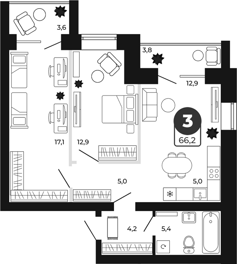Планировка 3е-к.кв 62.50 м² в ЖК «Атмосфера»