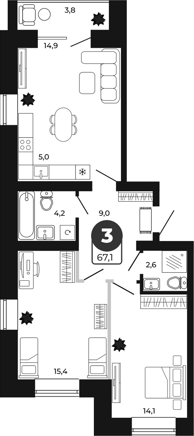 Планировка 3е-к.кв 65.20 м² в ЖК «Атмосфера»