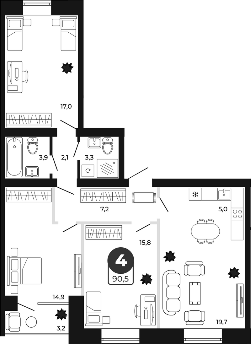 Планировка 4е-к.кв 88.90 м² в ЖК «Атмосфера»
