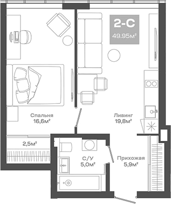 Планировка 2е-к.кв 49.95 м² в ЖК «Пульсар»