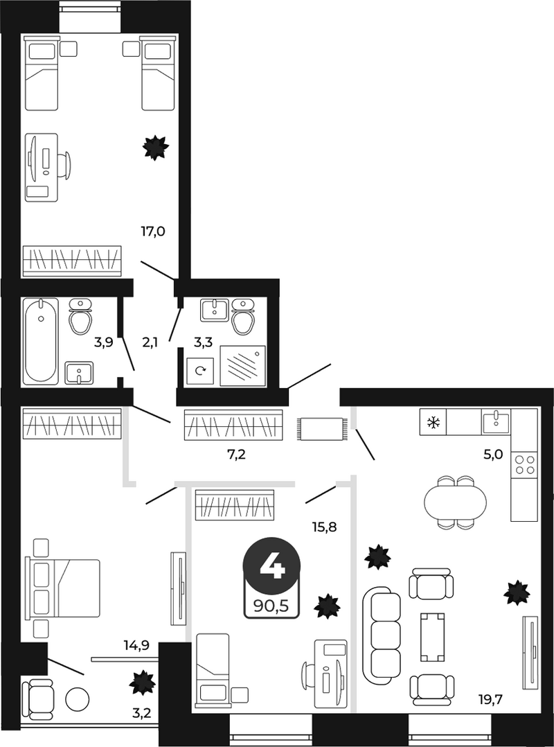 Планировка 4е-к.кв 88.90 м² в ЖК «Атмосфера»