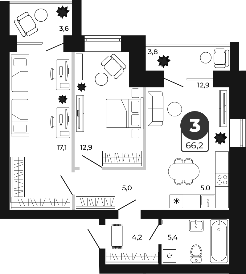 Планировка 3е-к.кв 62.50 м² в ЖК «Атмосфера»