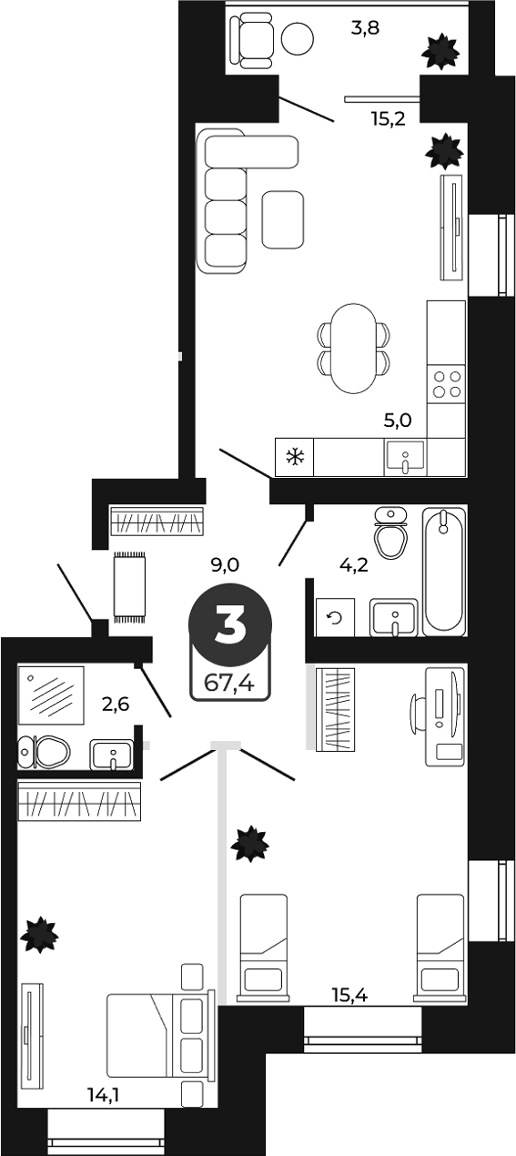 Планировка 3е-к.кв 65.50 м² в ЖК «Атмосфера»