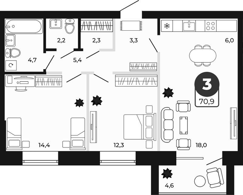 Планировка 3е-к.кв 68.60 м² в ЖК «Атмосфера»