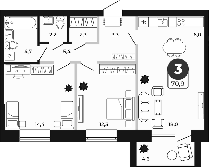 Планировка 3е-к.кв 68.60 м² в ЖК «Атмосфера»