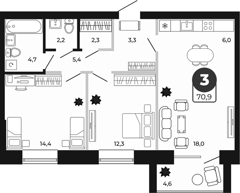 Планировка 3е-к.кв 68.60 м² в ЖК «Атмосфера»