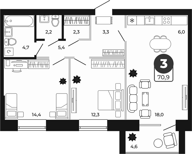 Планировка 3е-к.кв 68.60 м² в ЖК «Атмосфера»
